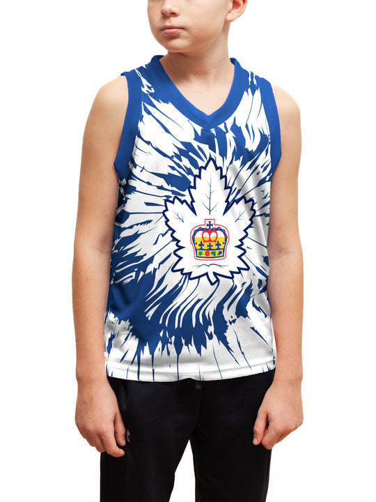 Youth model wearing the Bench Clearers Toronto Marlies Tie-Dye Youth Hockey Tank - front view