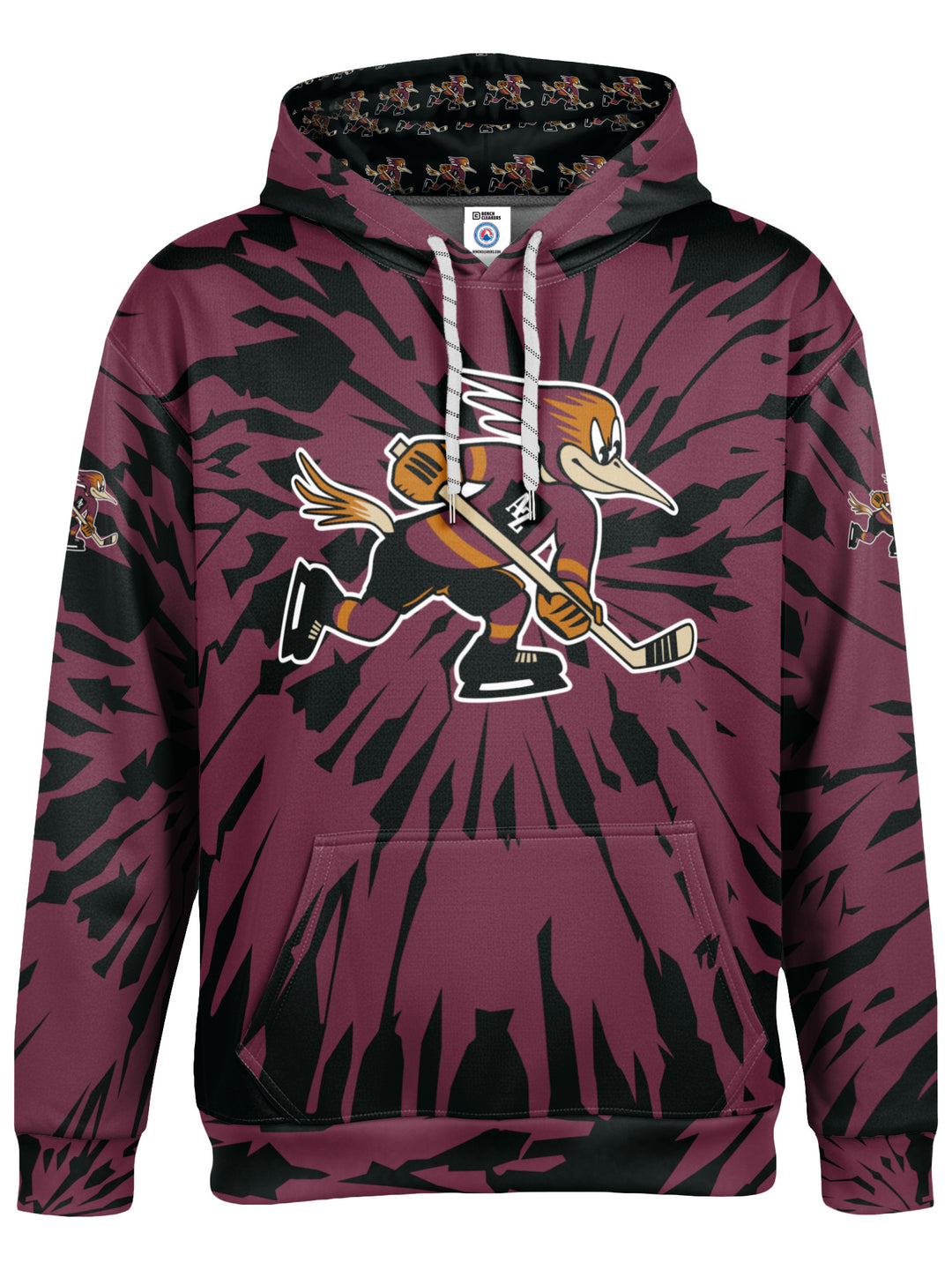Bench Clearers Tucson Roadrunners Maroon Tie-Dye Hockey Hoodie - 3D FRONT