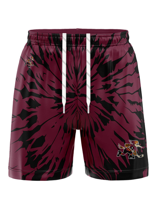 Bench Clearers Tucson Roadrunners Maroon Tie-Dye Hockey Shorts - 3D FRONT