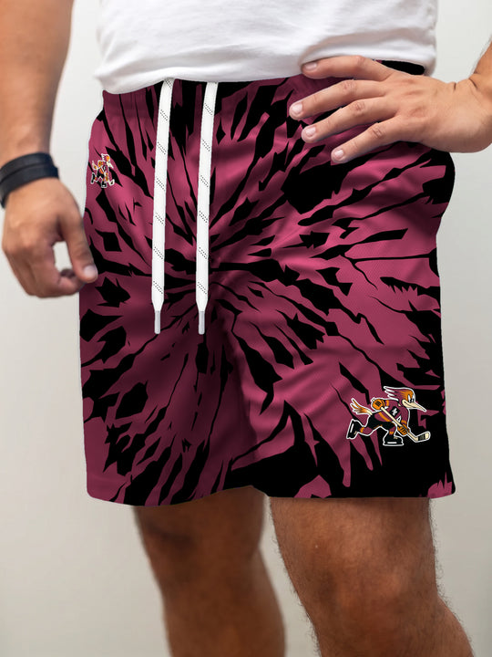 Model wearing the Bench Clearers Tucson Roadrunners Maroon Tie-Dye Hockey Shorts - front view