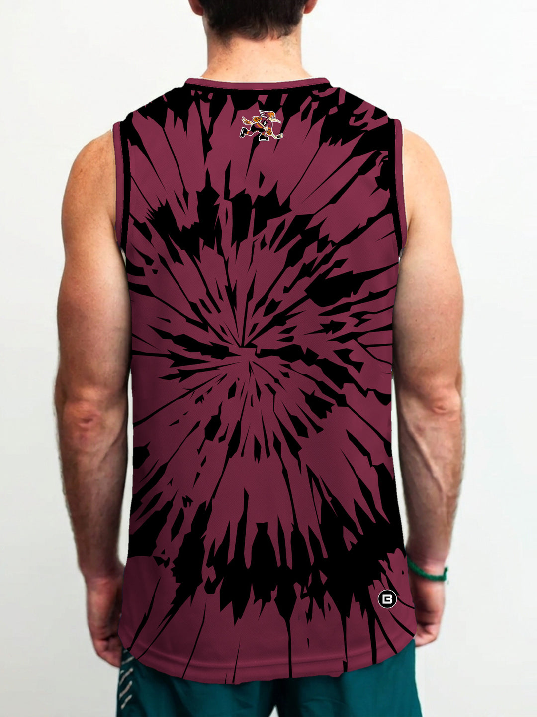 Model wearing the Bench Clearers Tucson Roadrunners Maroon Tie-Dye Hockey Tank - back view