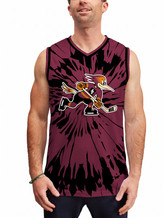 Model wearing the Bench Clearers Tucson Roadrunners Maroon Tie-Dye Hockey Tank - front view