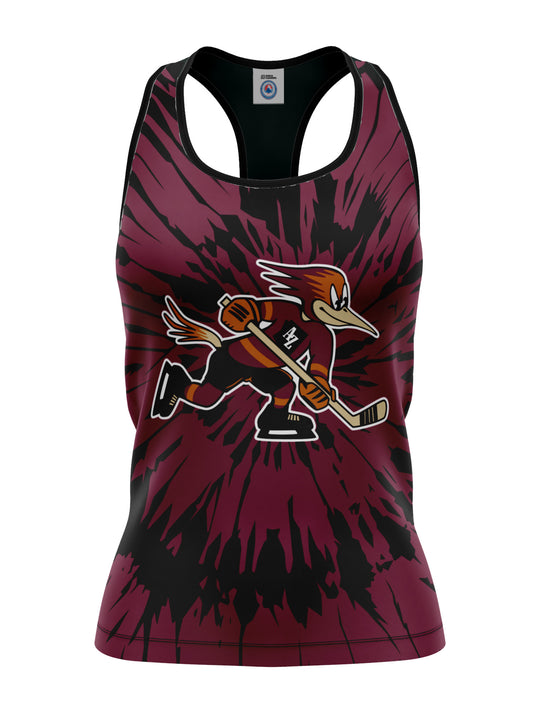 Bench Clearers Tucson Roadrunners Maroon Tie-Dye Women's Racerback Hockey Tank - 3D FRONT