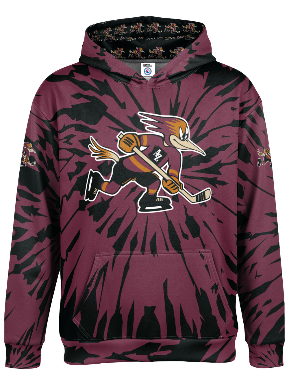 Bench Clearers Tucson Roadrunners Maroon Tie-Dye Youth Hockey Hoodie - 3D FRONT