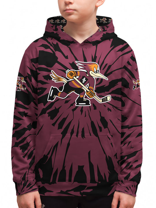 Youth model wearing the Bench Clearers Tucson Roadrunners Maroon Tie-Dye Youth Hockey Hoodie - front view