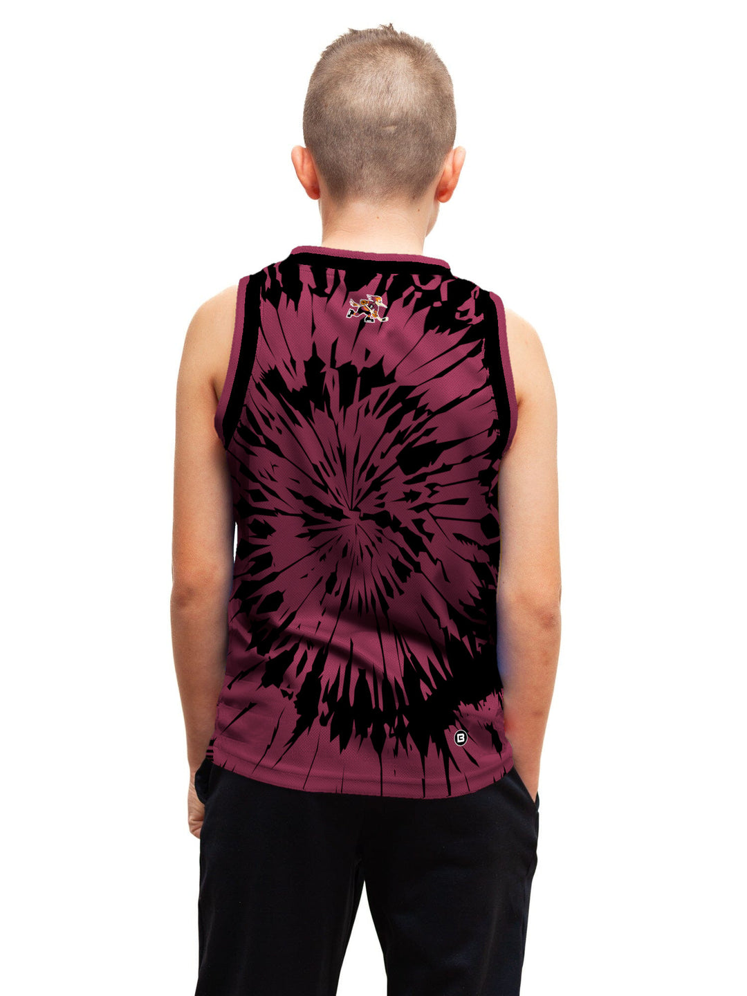 Youth model wearing the Bench Clearers Tucson Roadrunners Maroon Tie-Dye Youth Hockey Tank - back view