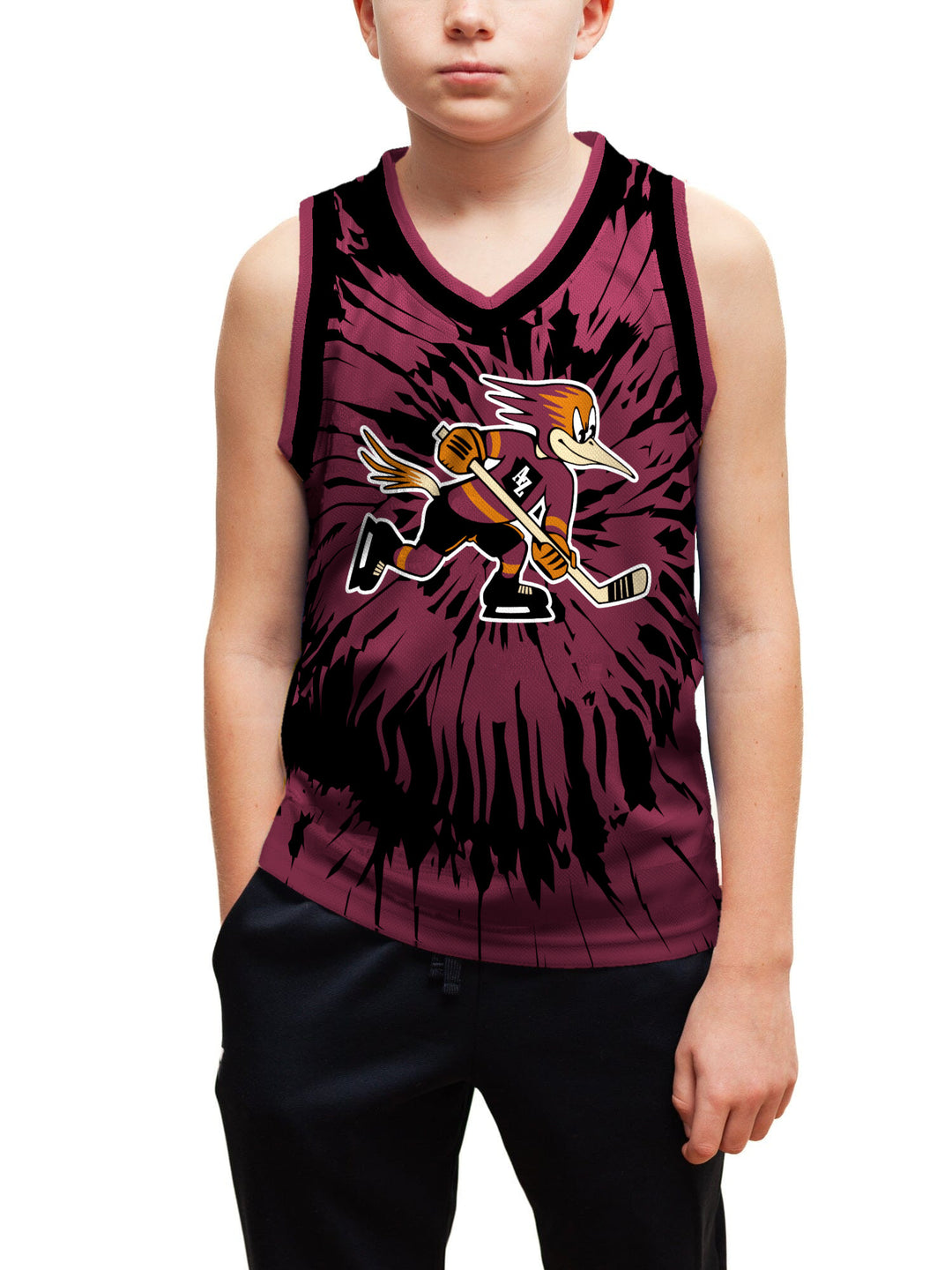 Youth model wearing the Bench Clearers Tucson Roadrunners Maroon Tie-Dye Youth Hockey Tank - front view, hand in pocket