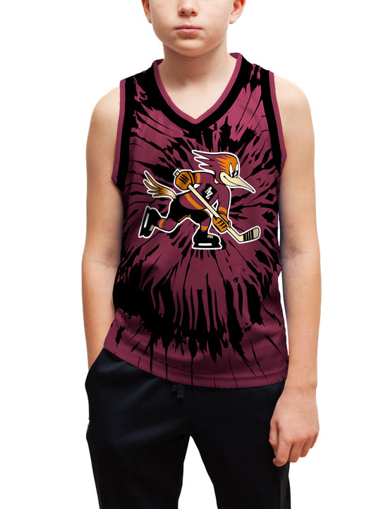 Youth model wearing the Bench Clearers Tucson Roadrunners Maroon Tie-Dye Youth Hockey Tank - front view, hand in pocket