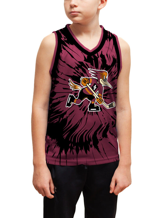 Youth model wearing the Bench Clearers Tucson Roadrunners Maroon Tie-Dye Youth Hockey Tank - front view