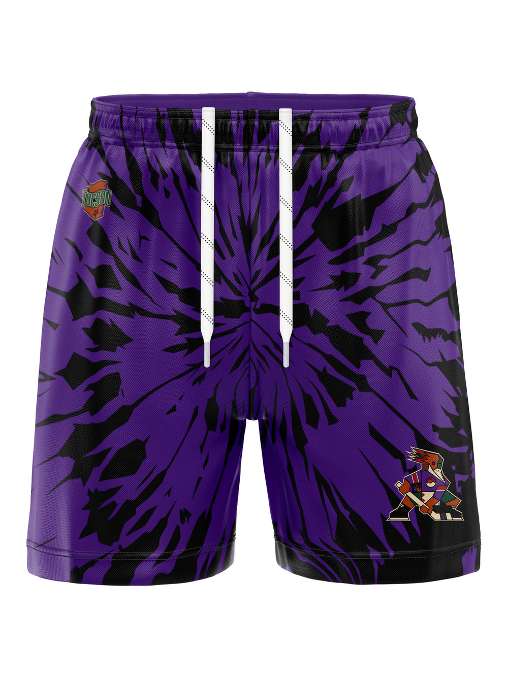 Bench Clearers Tucson Roadrunners Purple Tie-Dye Hockey Shorts - 3D FRONT