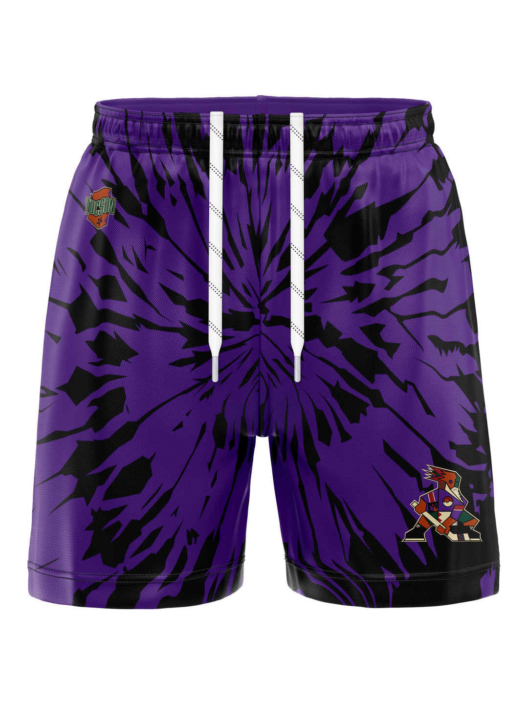 Bench Clearers Tucson Roadrunners Purple Tie-Dye Hockey Shorts - 3D FRONT