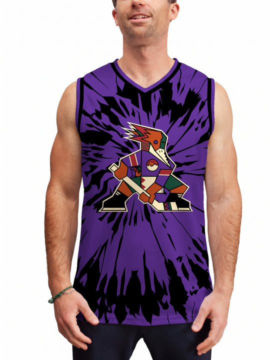 Model wearing the Bench Clearers Tucson Roadrunners Purple Tie-Dye Hockey Tank - front view