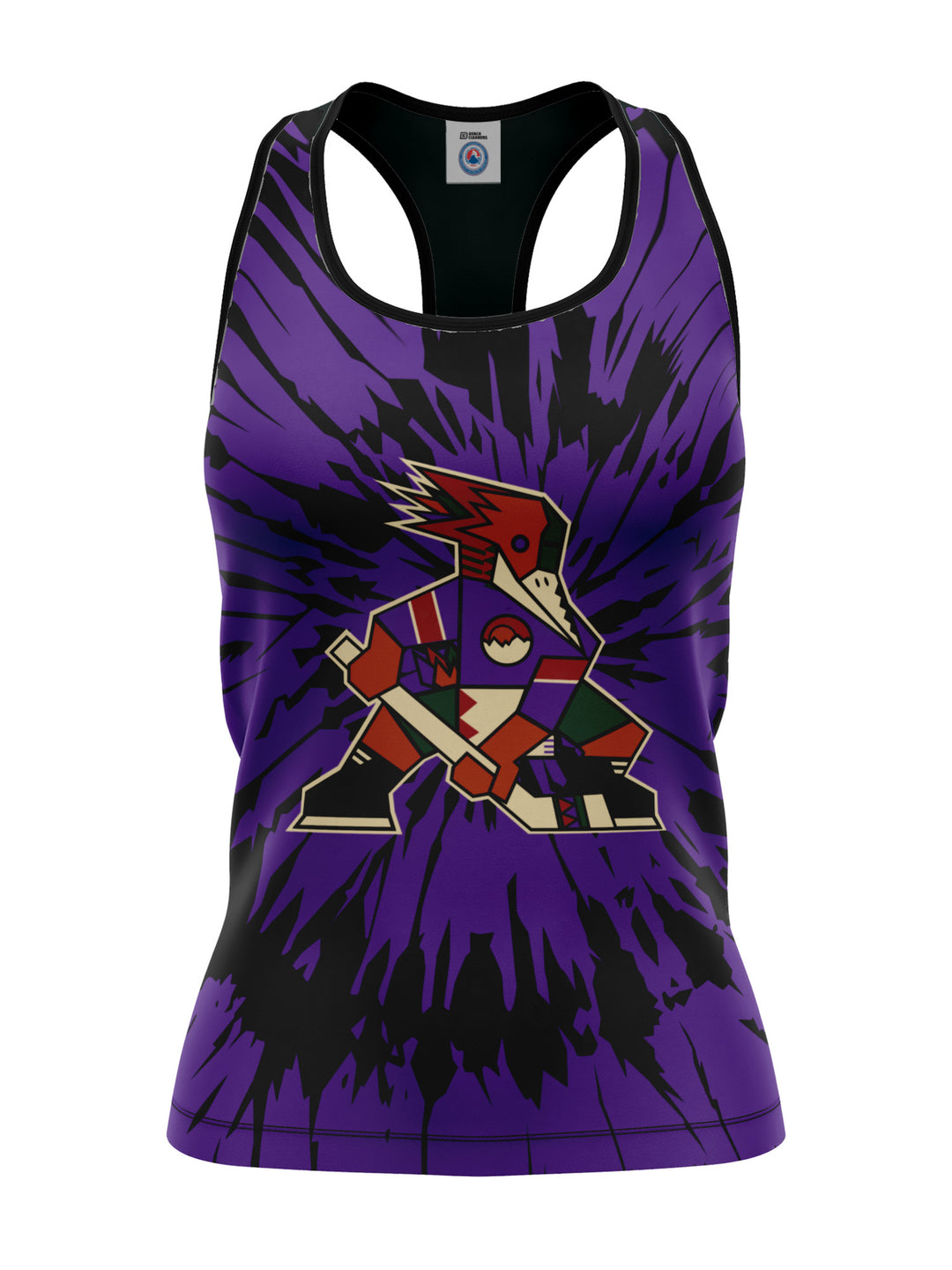 Bench Clearers Tucson Roadrunners Purple Tie-Dye Women's Racerback Hockey Tank - 3D FRONT
