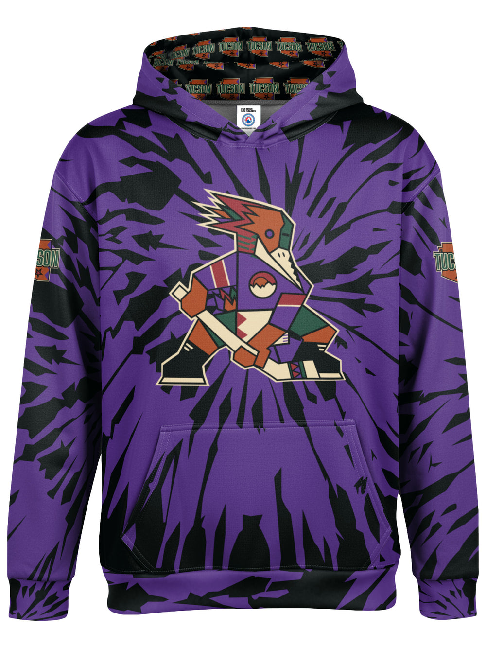 Bench Clearers Tucson Roadrunners Purple Tie-Dye Youth Hockey Hoodie - 3D FRONT