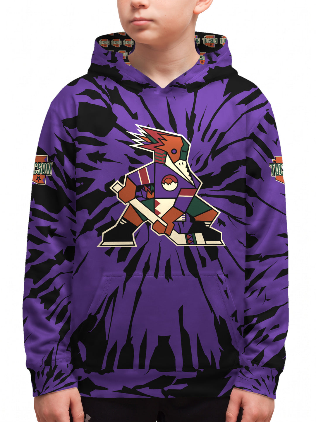 Youth model wearing the Bench Clearers Tucson Roadrunners Purple Tie-Dye Youth Hockey Hoodie - front view