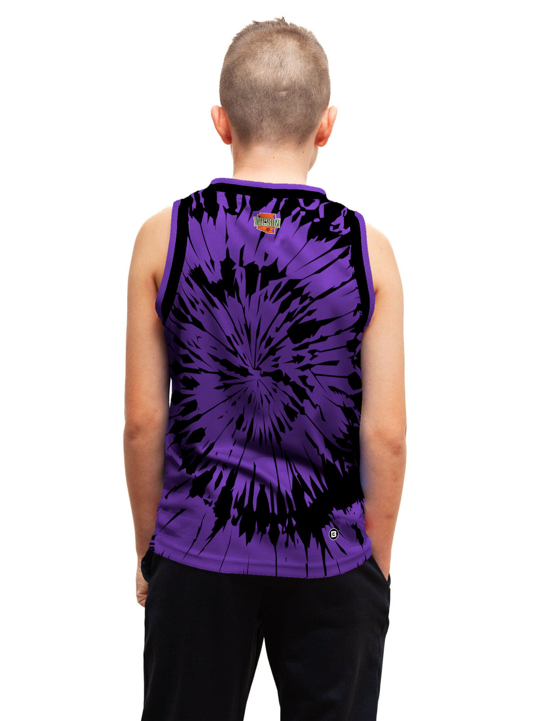 Youth model wearing the Bench Clearers Tucson Roadrunners Purple Tie-Dye Youth Hockey Tank - back view