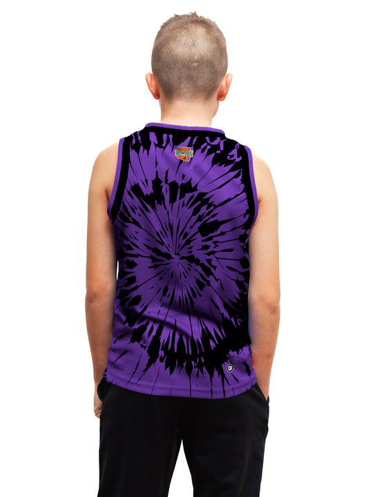 Youth model wearing the Bench Clearers Tucson Roadrunners Purple Tie-Dye Youth Hockey Tank - back view