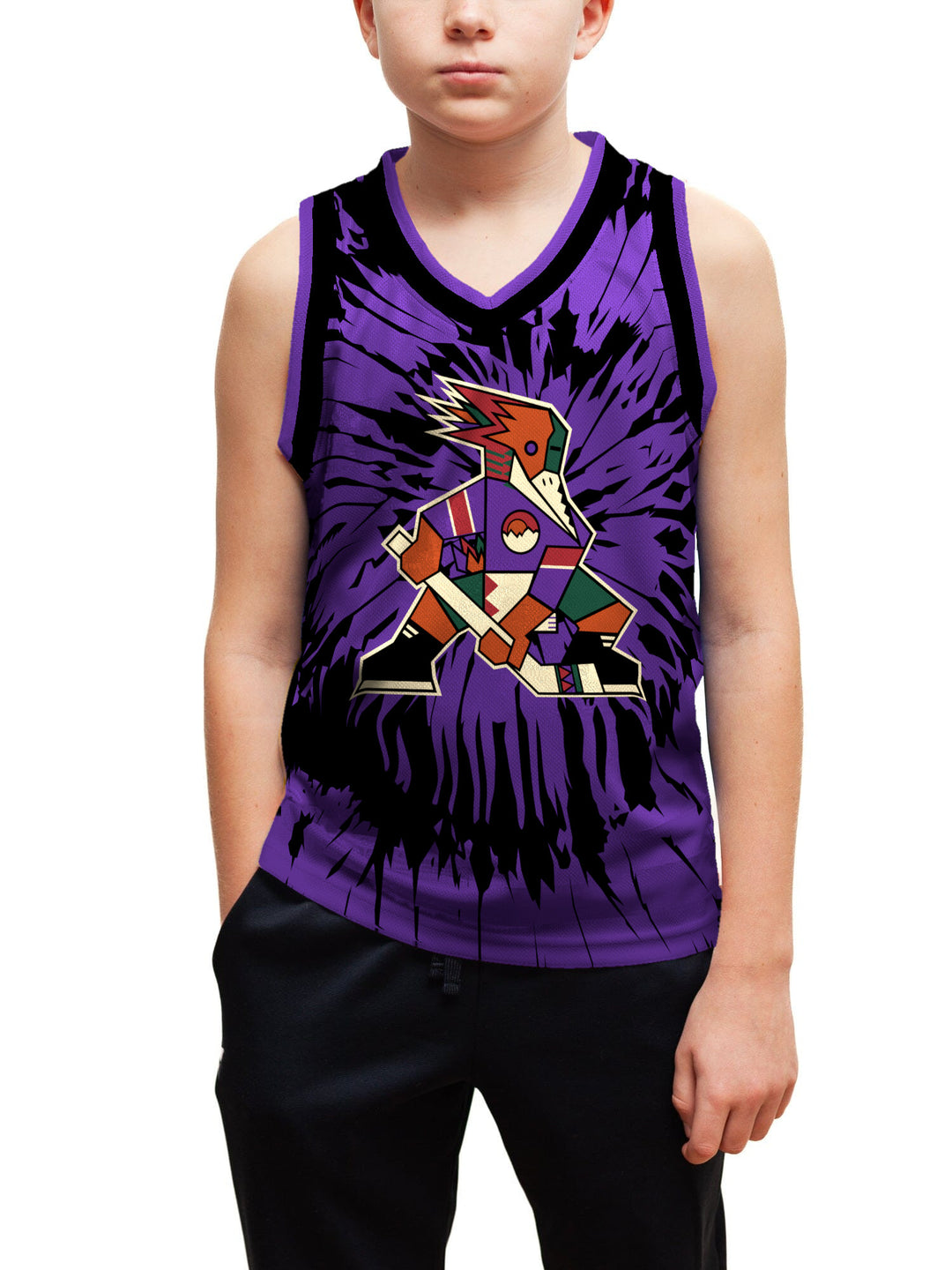 Youth model wearing the Bench Clearers Tucson Roadrunners Purple Tie-Dye Youth Hockey Tank - front view, hand in pocket
