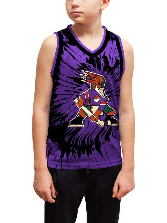Youth model wearing the Bench Clearers Tucson Roadrunners Purple Tie-Dye Youth Hockey Tank - front view