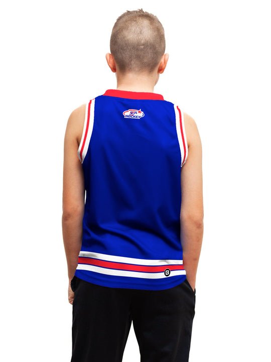 Youth model wearing the Bench Clearers USA Hockey 2026 Youth Hockey Tank - back view