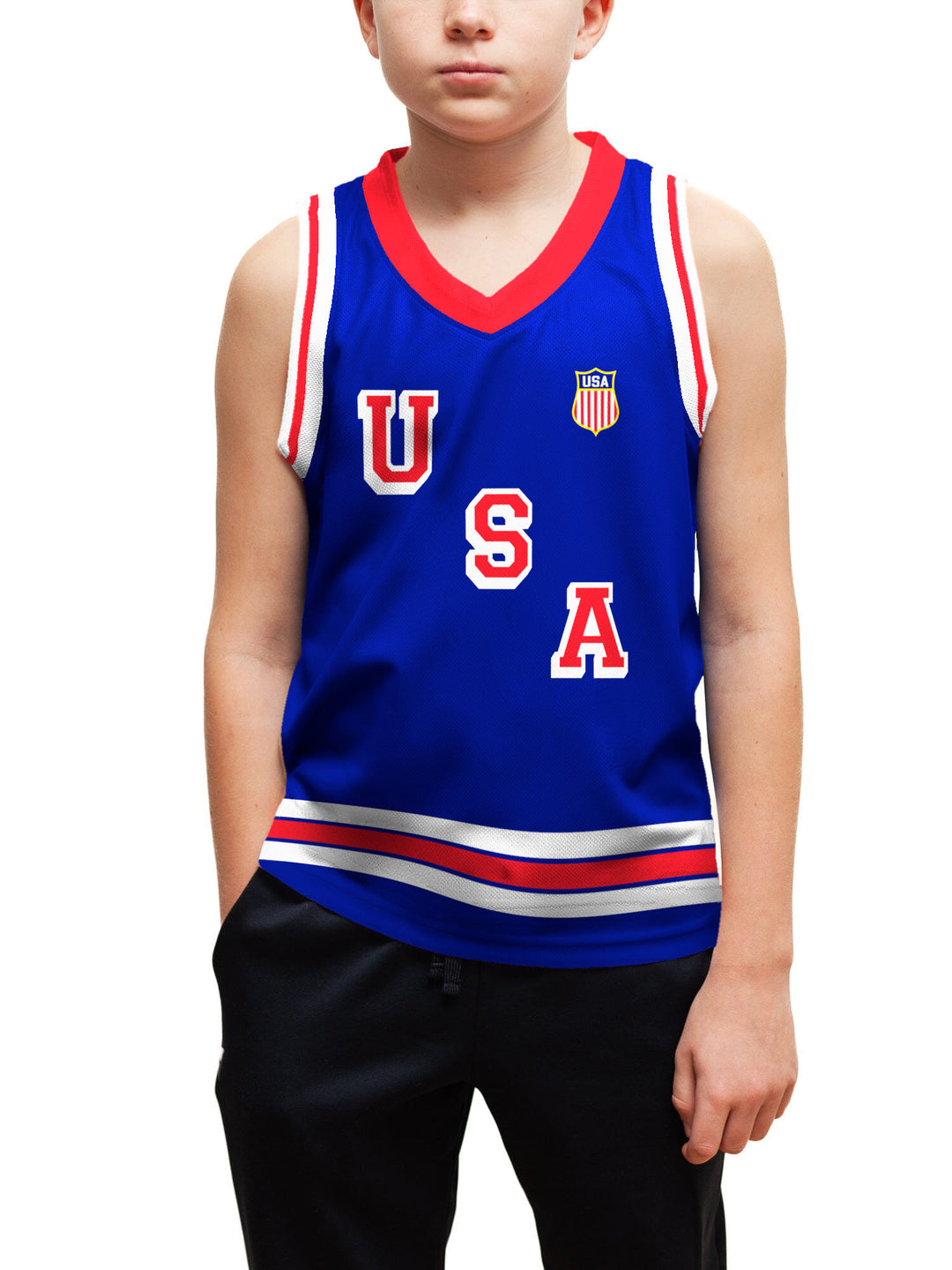 Youth model wearing the Bench Clearers USA Hockey 2026 Youth Hockey Tank - front view, hand in pocket