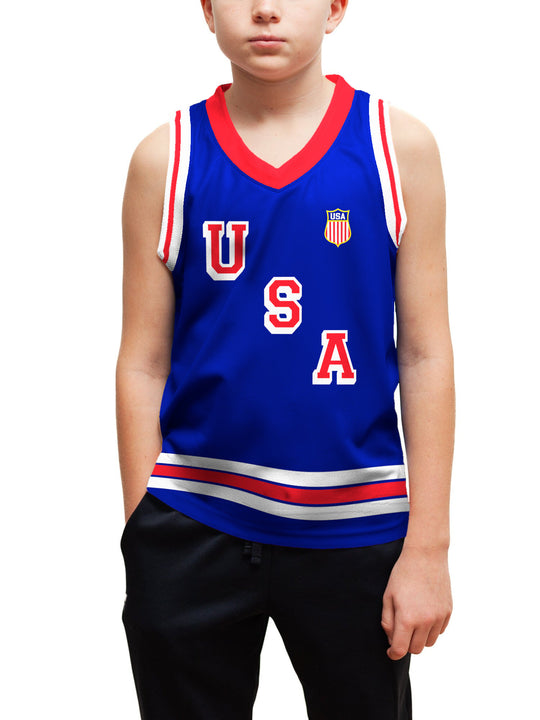Youth model wearing the Bench Clearers USA Hockey 2026 Youth Hockey Tank - front view, hand in pocket