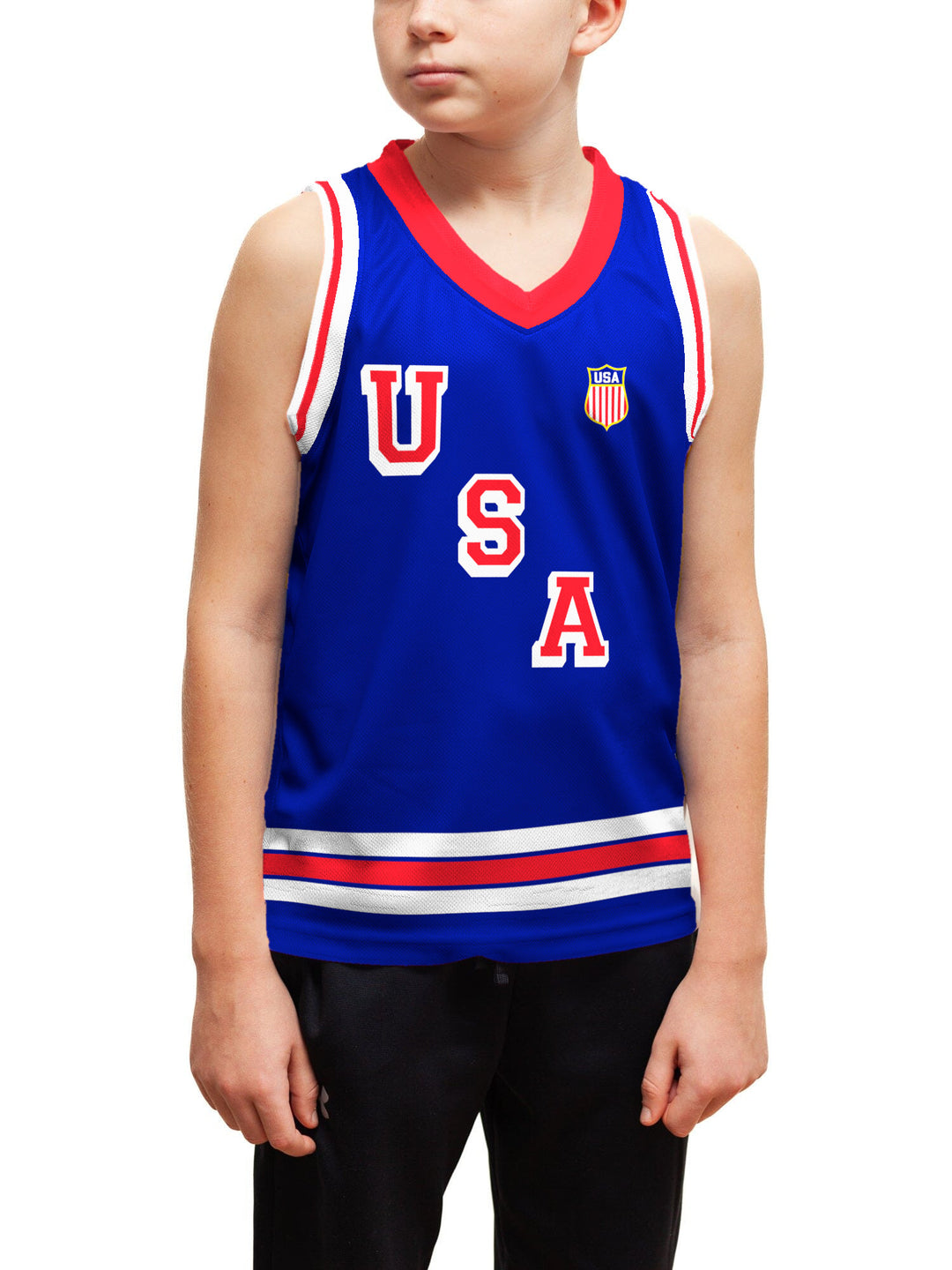 Youth model wearing the Bench Clearers USA Hockey 2026 Youth Hockey Tank - front view