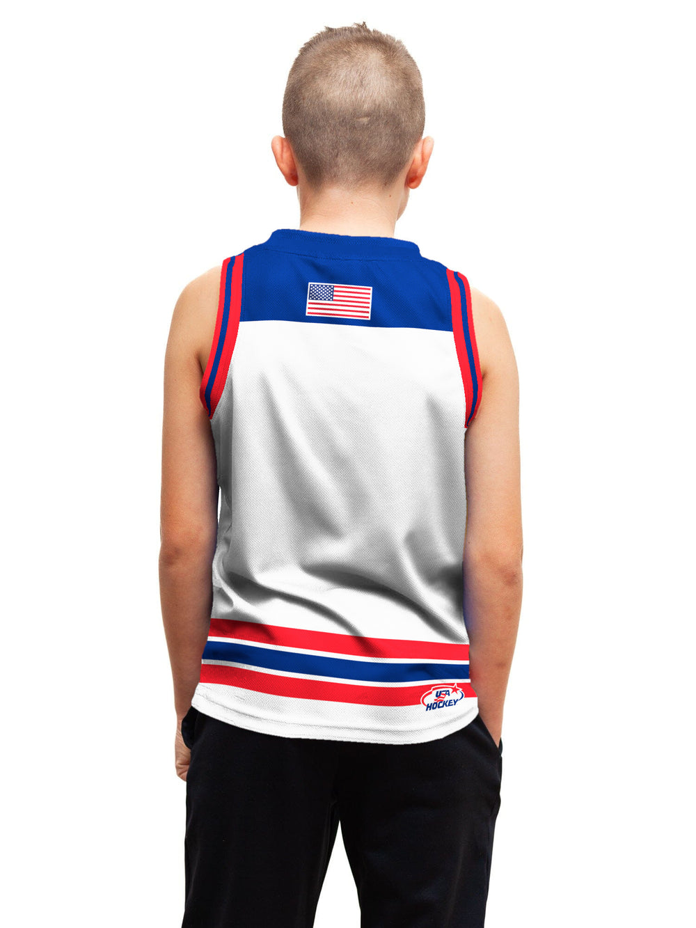 Youth model wearing the Bench Clearers USA Hockey Letter Youth Hockey Tank - back view