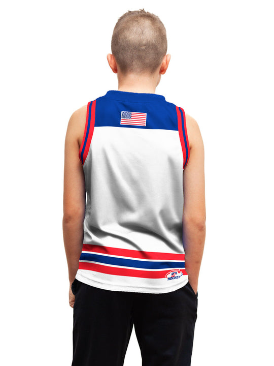 Youth model wearing the Bench Clearers USA Hockey Letter Youth Hockey Tank - back view