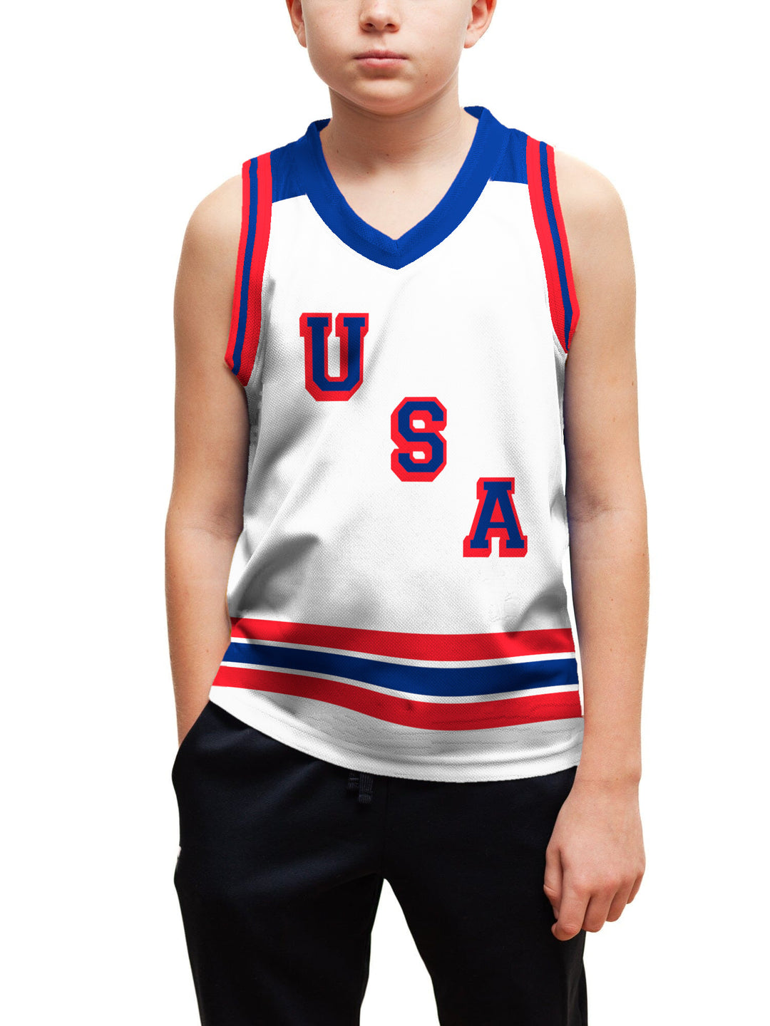 Youth model wearing the Bench Clearers USA Hockey Letter Youth Hockey Tank - front view, hand in pocket