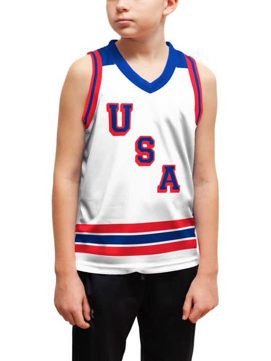 Youth model wearing the Bench Clearers USA Hockey Letter Youth Hockey Tank - front view