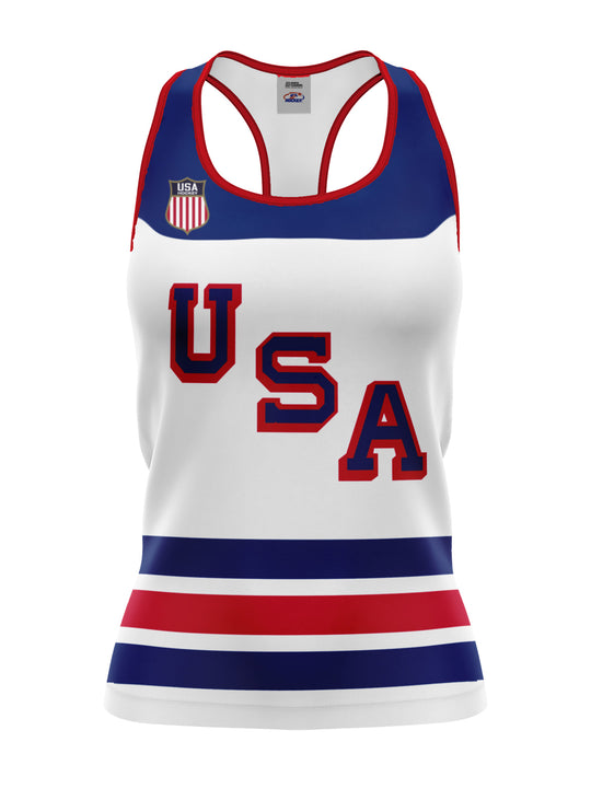 Bench Clearers USA Hockey Nations 2026 Away Women's Racerback Hockey Tank - 3D FRONT