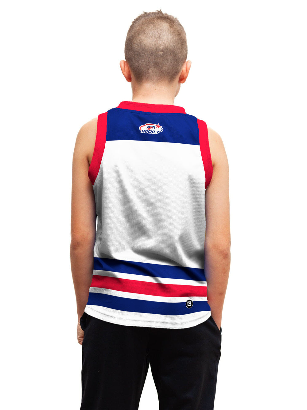 Youth model wearing the Bench Clearers USA Hockey Nations 2026 Away Youth Hockey Tank - back view
