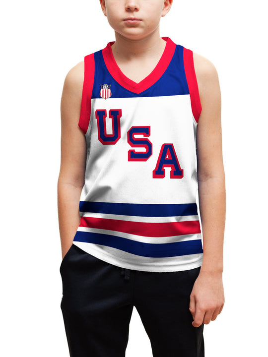 Youth model wearing the Bench Clearers USA Hockey Nations 2026 Away Youth Hockey Tank - front view, hand in pocket