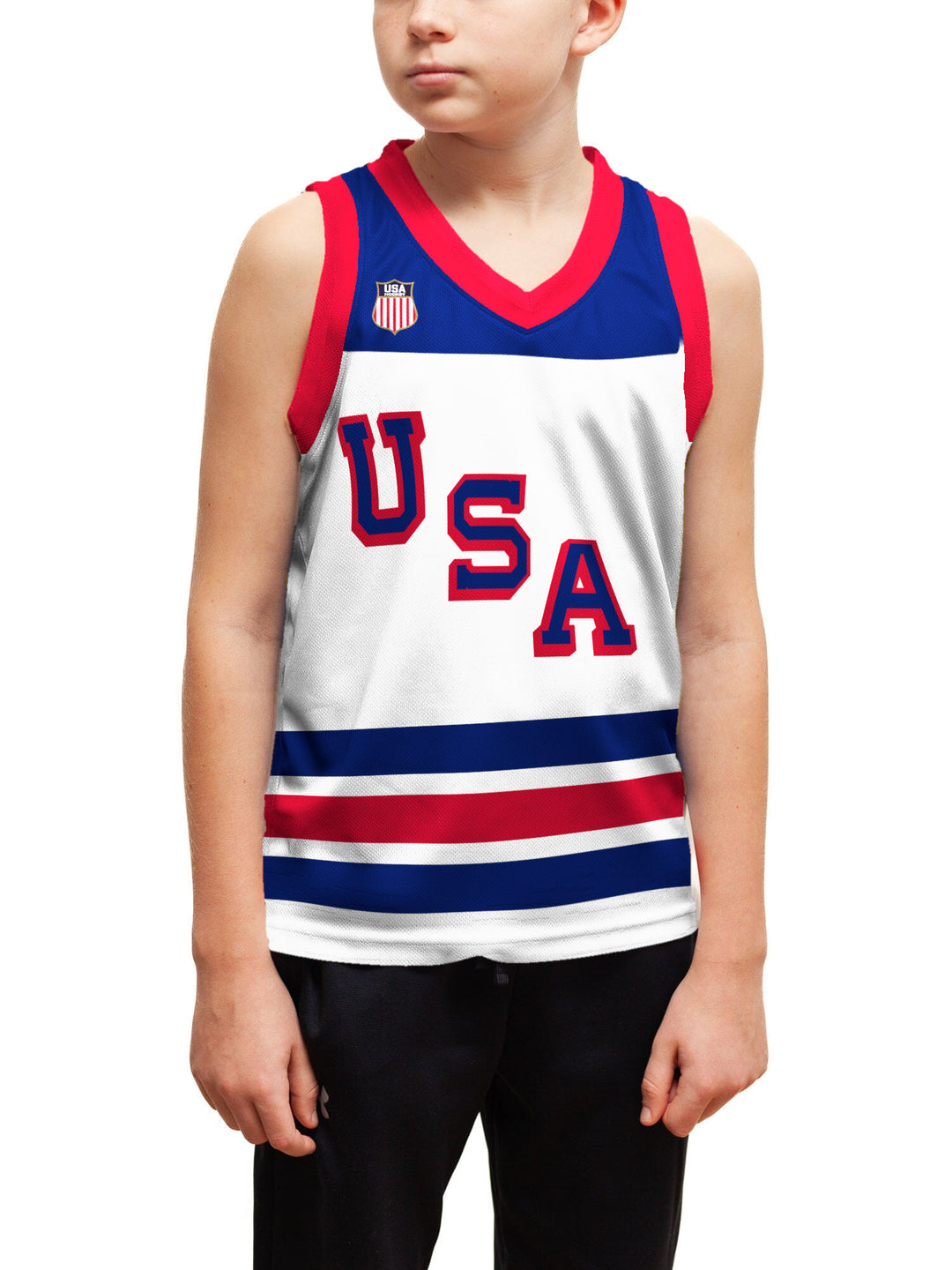 Youth model wearing the Bench Clearers USA Hockey Nations 2026 Away Youth Hockey Tank - front view