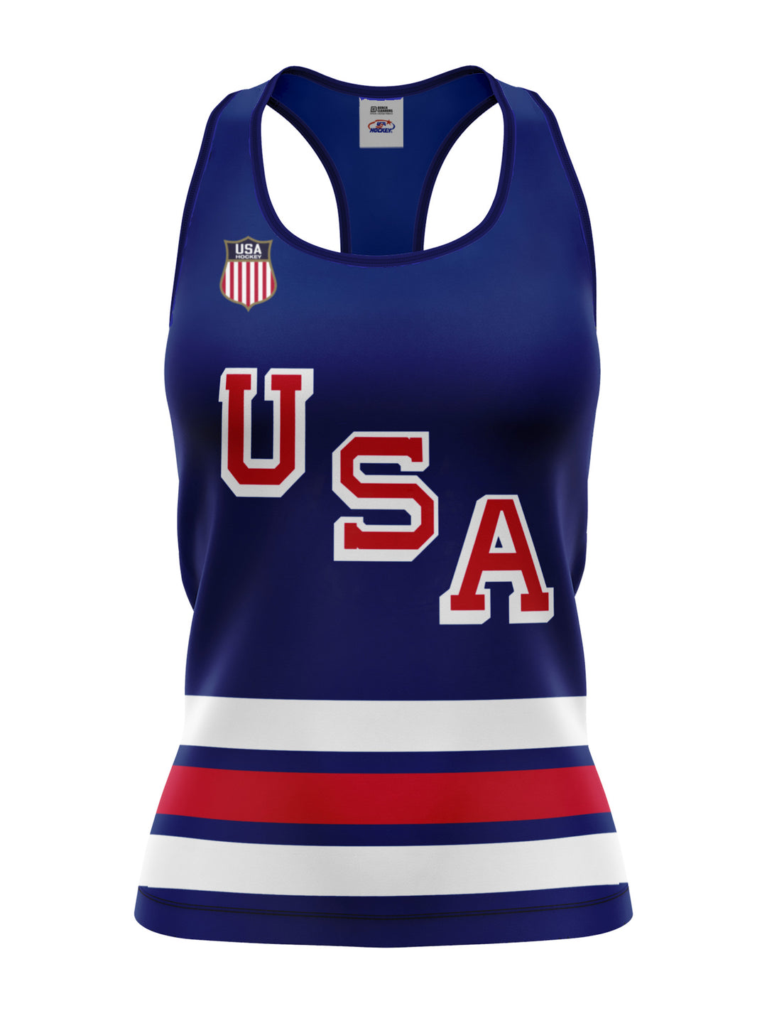 Bench Clearers USA Hockey Nations 2026 Navy Women's Racerback Hockey Tank - 3D FRONT