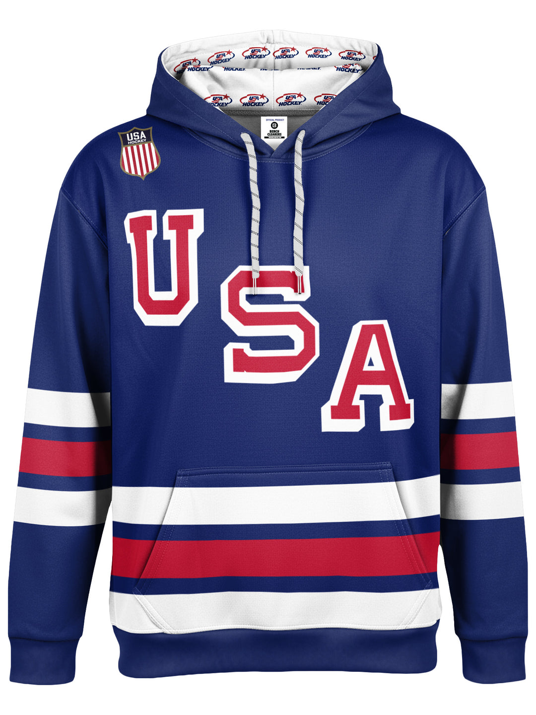 Bench Clearers USA Hockey Nations 2026 Navy Youth Hockey Hoodie - 3D FRONT