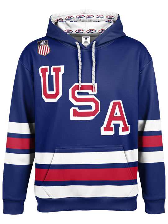 Bench Clearers USA Hockey Nations 2026 Navy Youth Hockey Hoodie - 3D FRONT