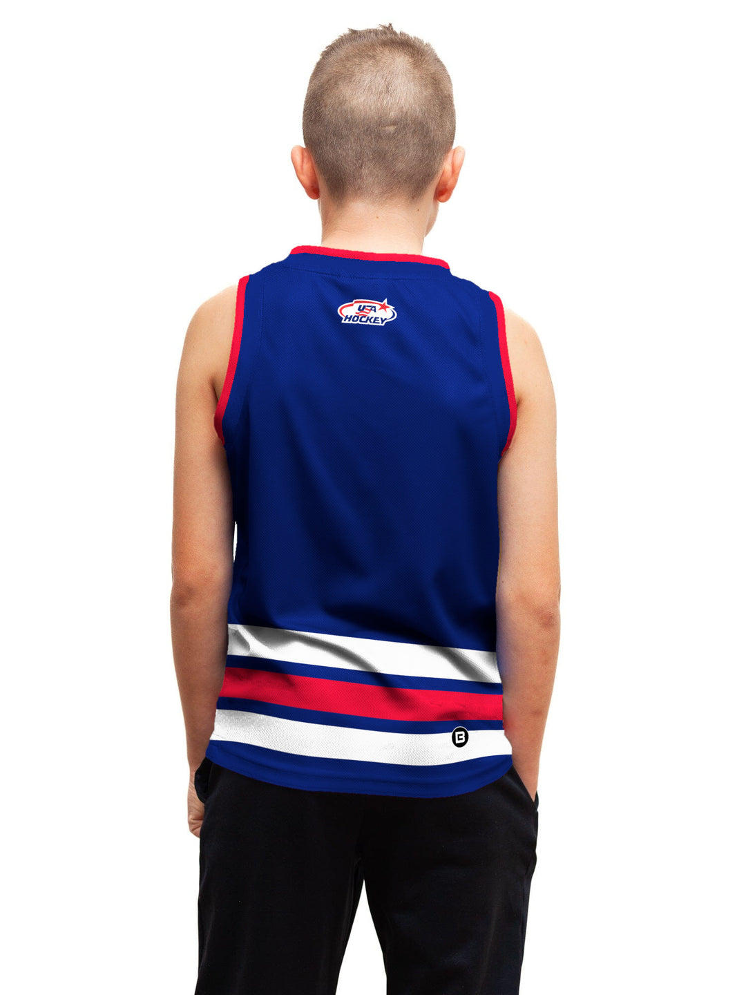 Youth model wearing the Bench Clearers USA Hockey Nations 2026 Navy Youth Hockey Tank - back view
