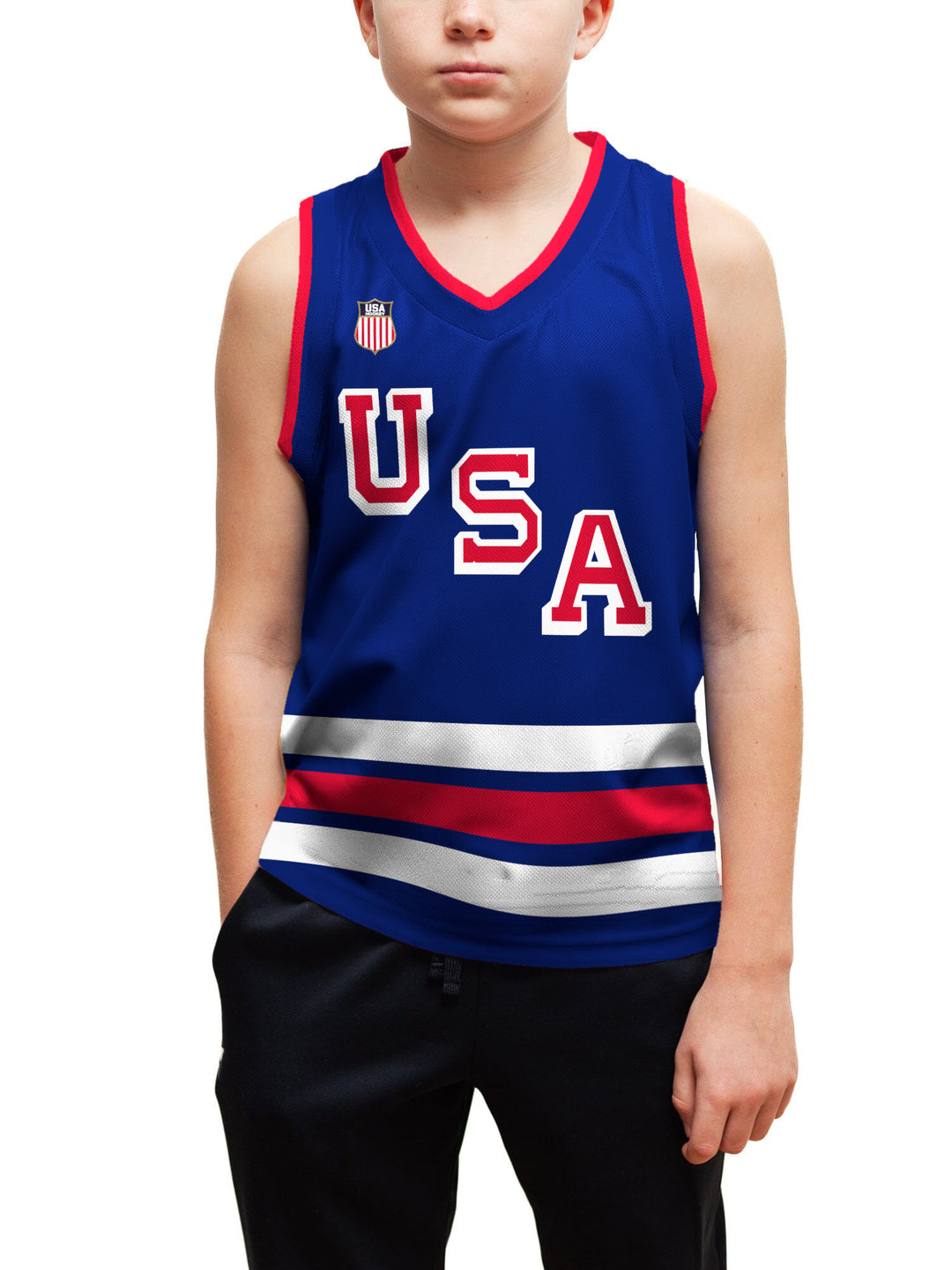 Youth model wearing the Bench Clearers USA Hockey Nations 2026 Navy Youth Hockey Tank - front view, hand in pocket