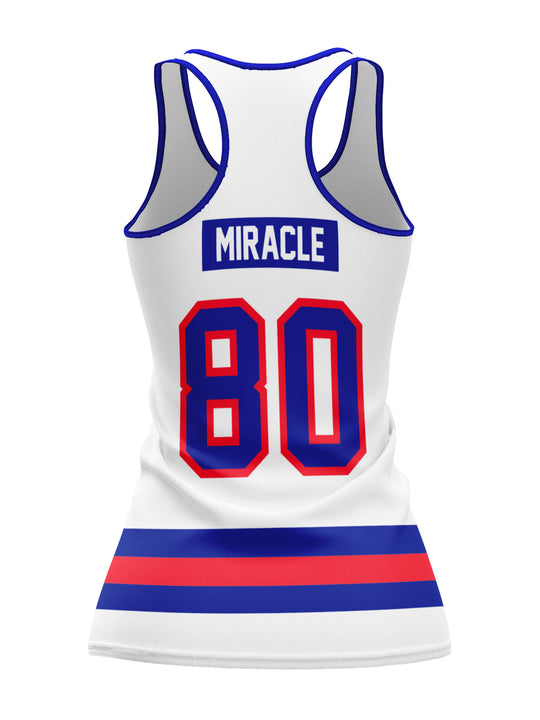 Bench Clearers USA Miracle on Ice 1980 Away Women's Racerback Hockey Tank - 3D BACK