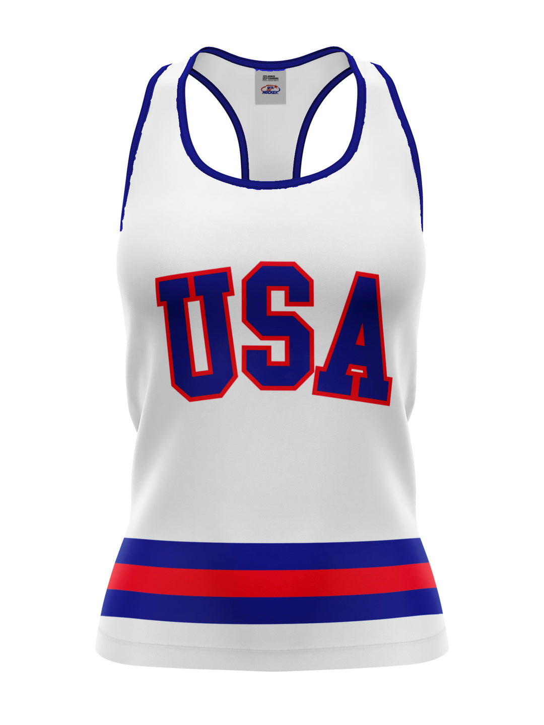 Bench Clearers USA Miracle on Ice 1980 Away Women's Racerback Hockey Tank - 3D FRONT