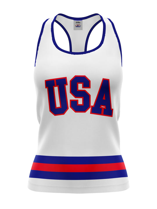 Bench Clearers USA Miracle on Ice 1980 Away Women's Racerback Hockey Tank - 3D FRONT
