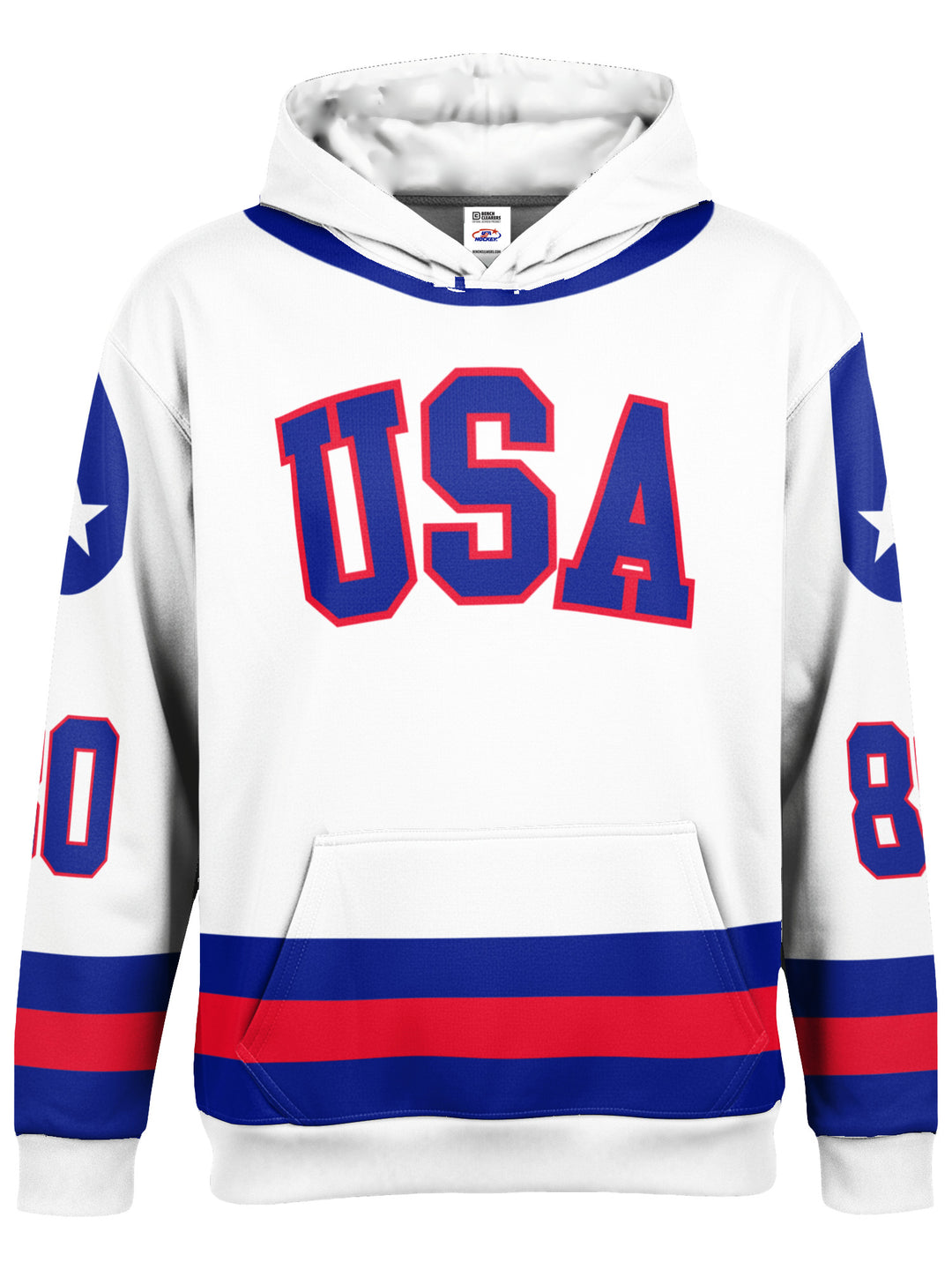Bench Clearers USA Miracle on Ice 1980 Away Youth Hockey Hoodie - 3D FRONT