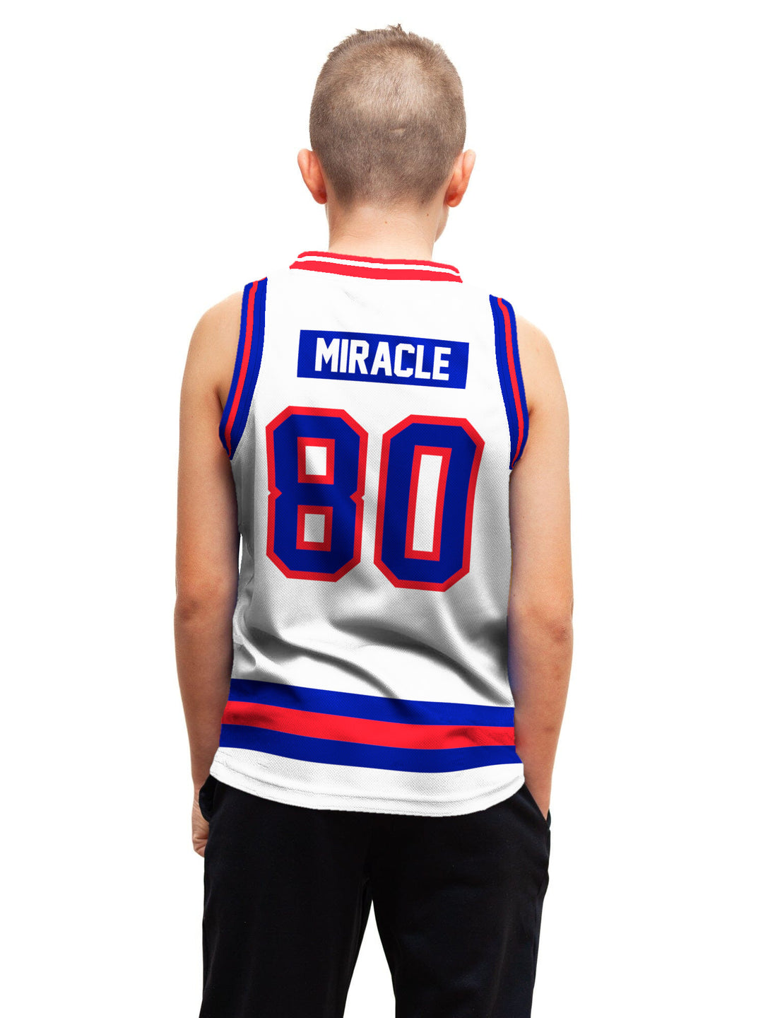Youth model wearing the Bench Clearers USA Miracle on Ice 1980 Away Youth Hockey Tank - back view