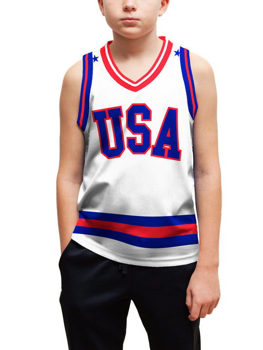 Youth model wearing the Bench Clearers USA Miracle on Ice 1980 Away Youth Hockey Tank - front view, hand in pocket