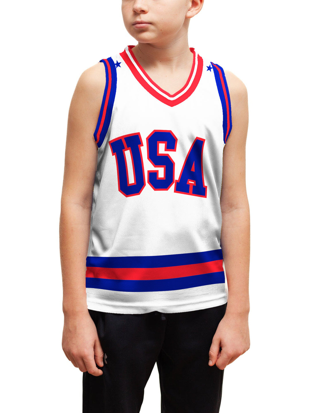 Youth model wearing the Bench Clearers USA Miracle on Ice 1980 Away Youth Hockey Tank - front view