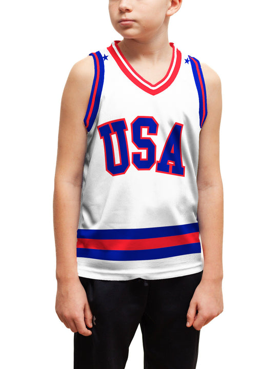 Youth model wearing the Bench Clearers USA Miracle on Ice 1980 Away Youth Hockey Tank - front view