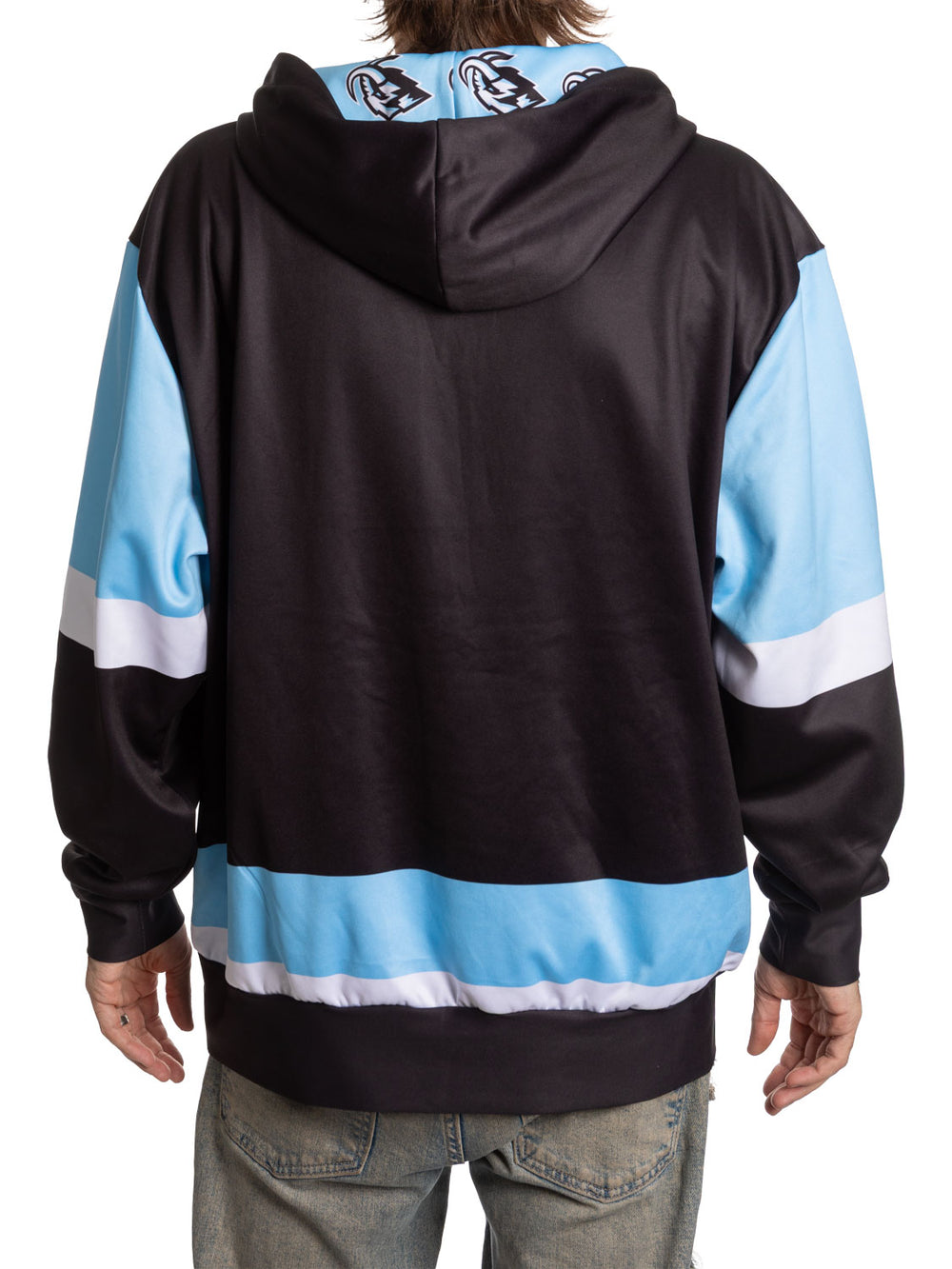 Bench Clearers Utah Mammoth "Hockey Lace" Hockey Hoodie - back view: ice-blue and white stripes, Mammoth logo hood lining