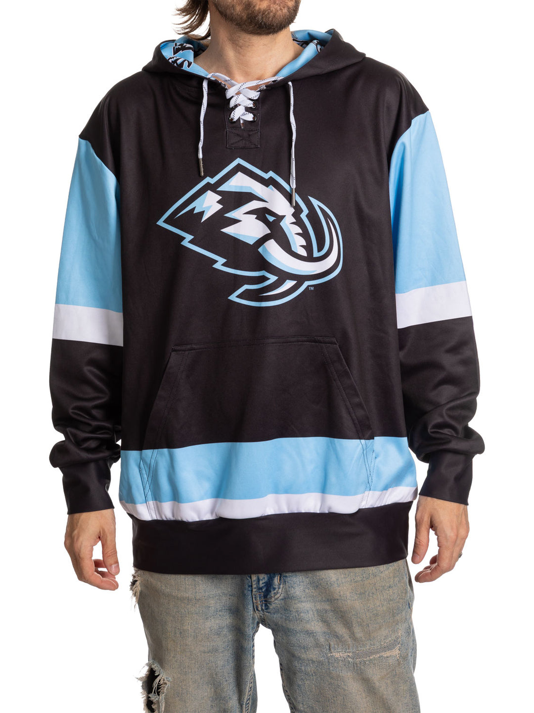 Bench Clearers Utah Mammoth "Hockey Lace" Hockey Hoodie - front view: black with ice-blue sleeves and lace-up collar